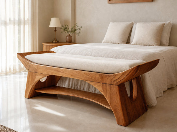 Farmhouse Wooden Bench With Shelf For Bedroom Setup