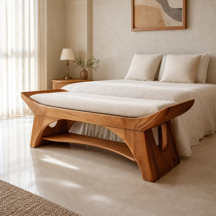 Farmhouse Wooden Bench With Shelf For Bedroom Setup