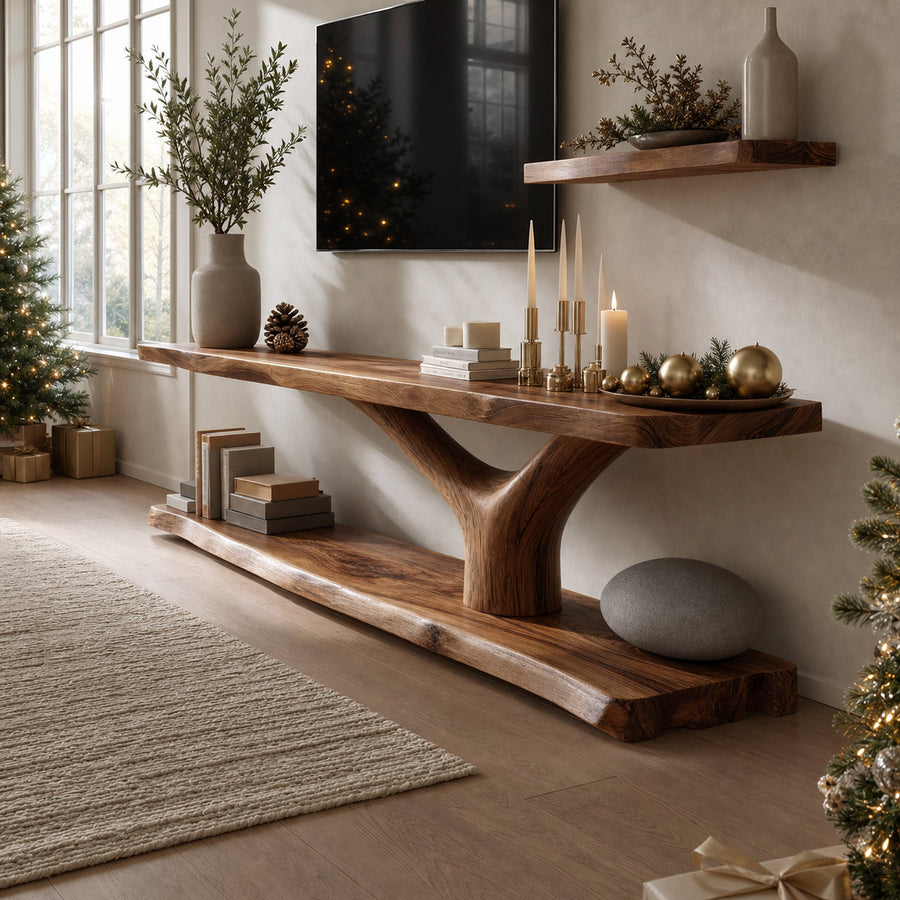 Farmhouse Wooden Live Edge TV Console For Christmas Bedroom Decor