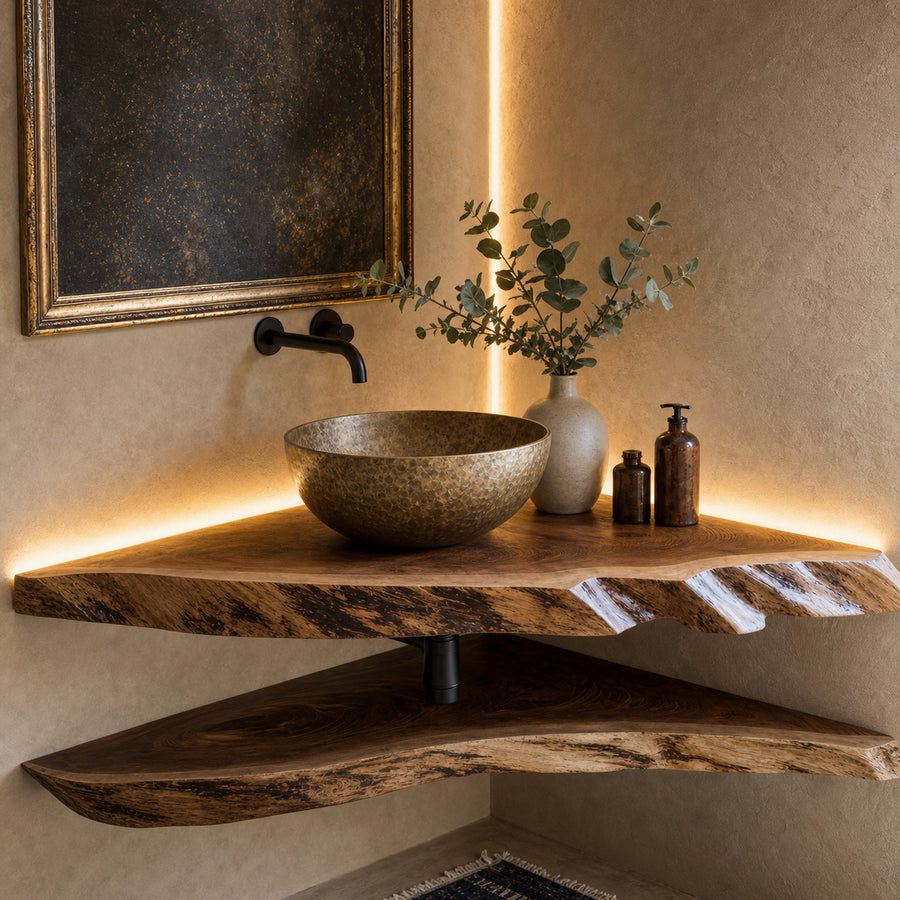 Floating Edge Corner Bathroom Wood Shelf