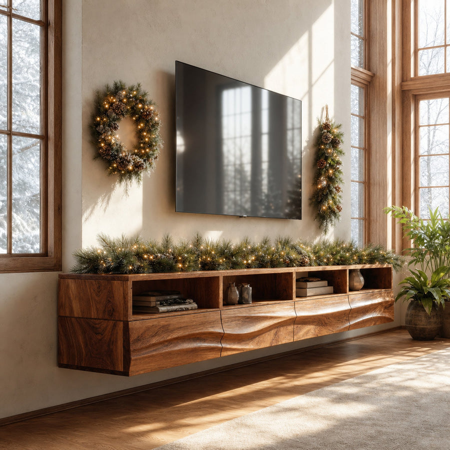 Floating Wave-Pattern TV Console For Holiday Decor