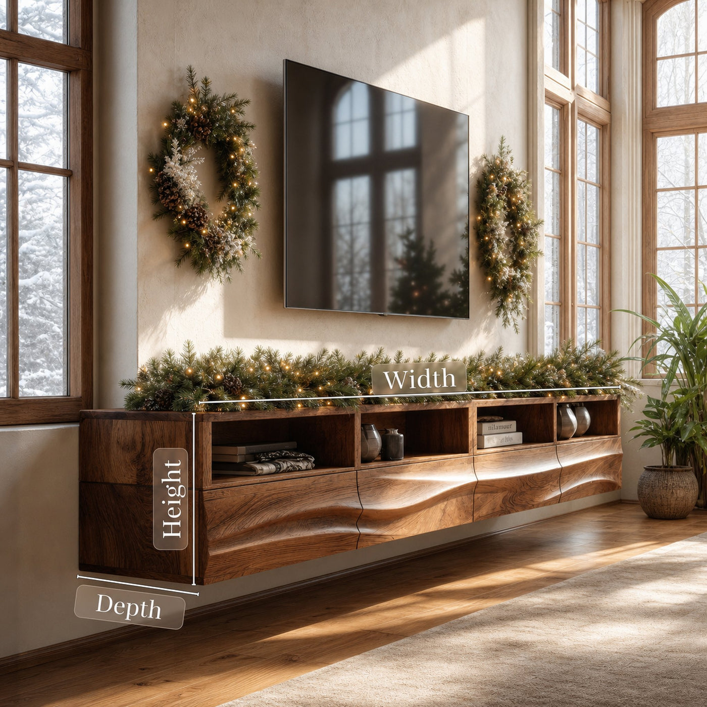 Floating Wave-Pattern TV Console For Holiday Decor - product view 7