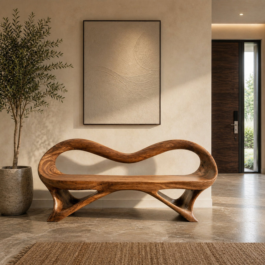 Fluid Wooden Bench With Artistic Open Frame For Hallway