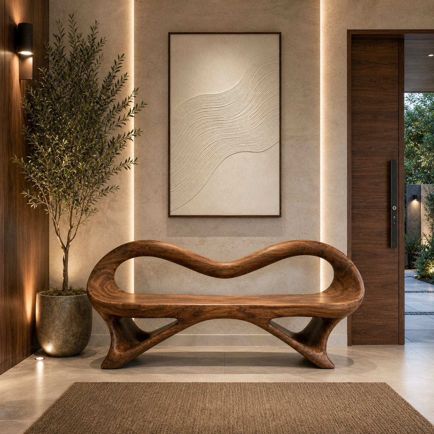 Fluid Wooden Bench With Artistic Open Frame For Hallway - product view 6