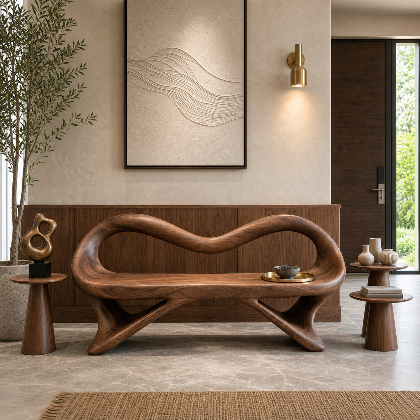 Fluid Wooden Bench With Artistic Open Frame For Hallway - product view 7