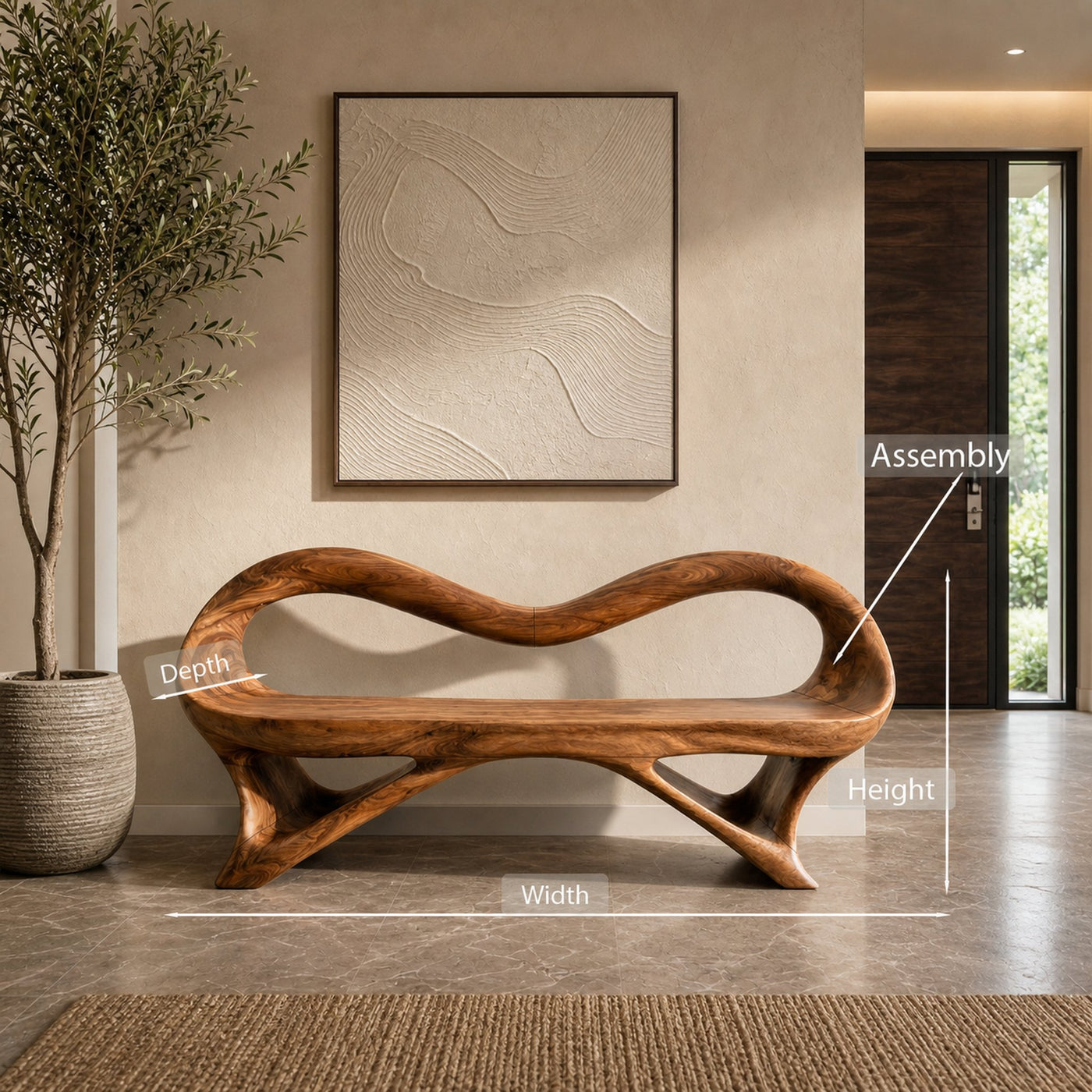 Fluid Wooden Bench With Artistic Open Frame For Hallway - product view 8