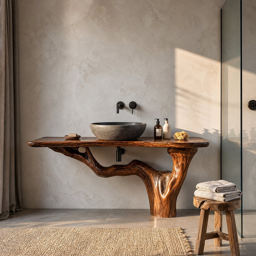 Handcrafted Bathroom Vanity With Tree Trunk Design For Powder Room