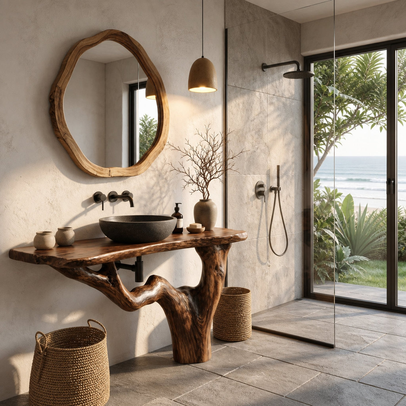 Handcrafted Bathroom Vanity With Tree Trunk Design For Powder Room - product view 7