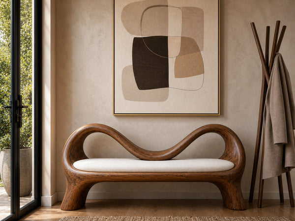 Handcrafted Bench With Undulating Backrest For Organic Entryway