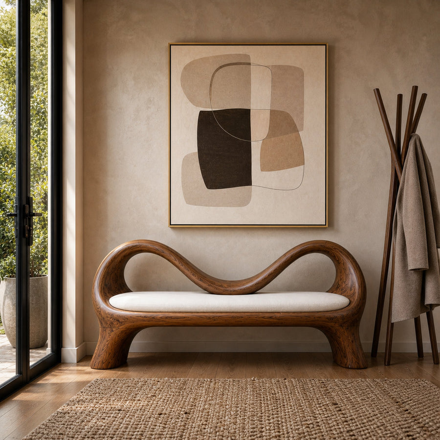 Handcrafted Bench With Undulating Backrest For Organic Entryway