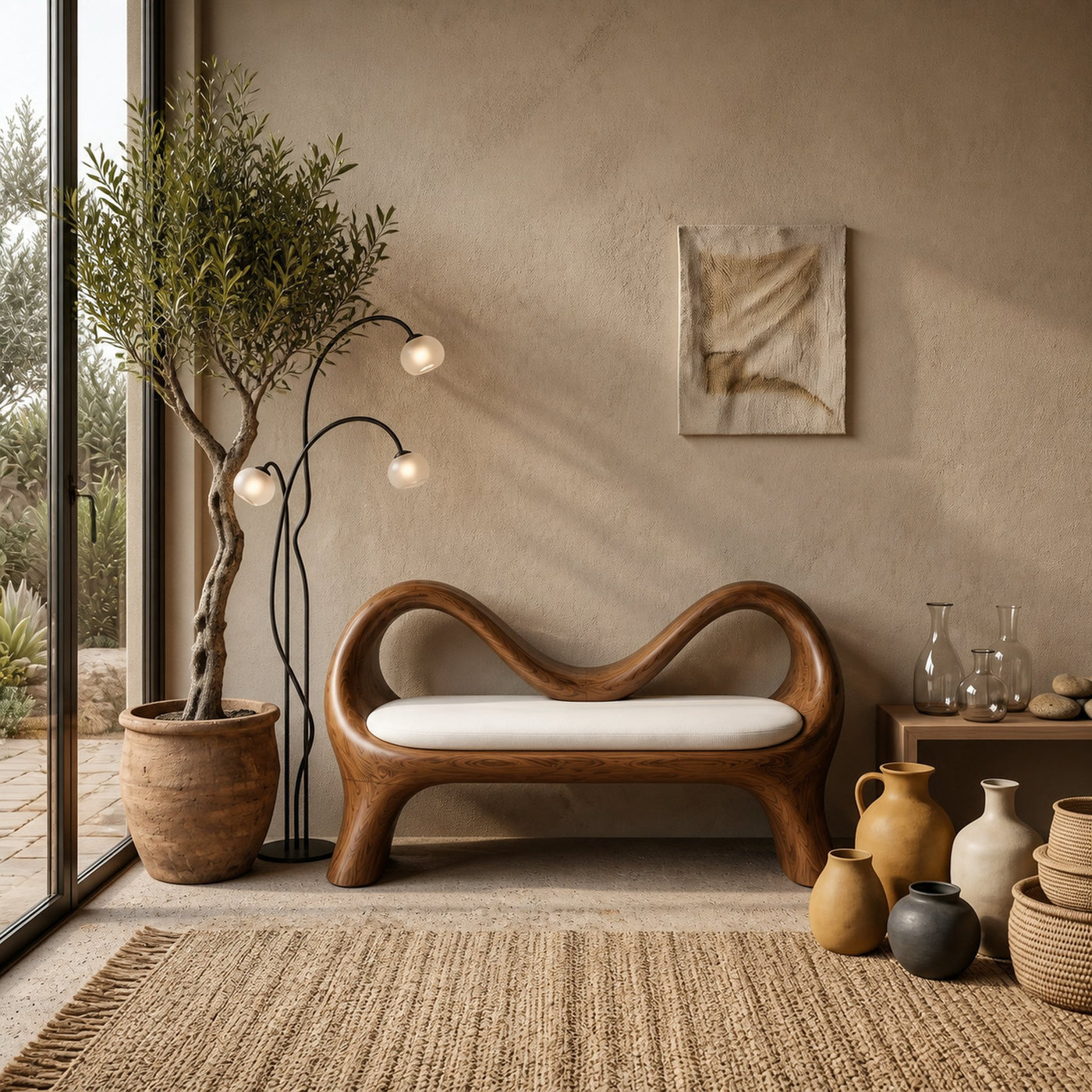 Handcrafted Bench With Undulating Backrest For Organic Entryway - product view 6