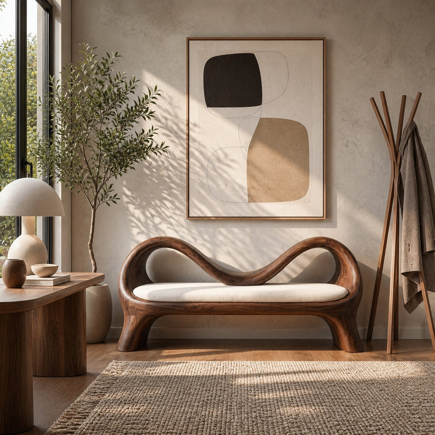 Handcrafted Bench With Undulating Backrest For Organic Entryway - product view 7