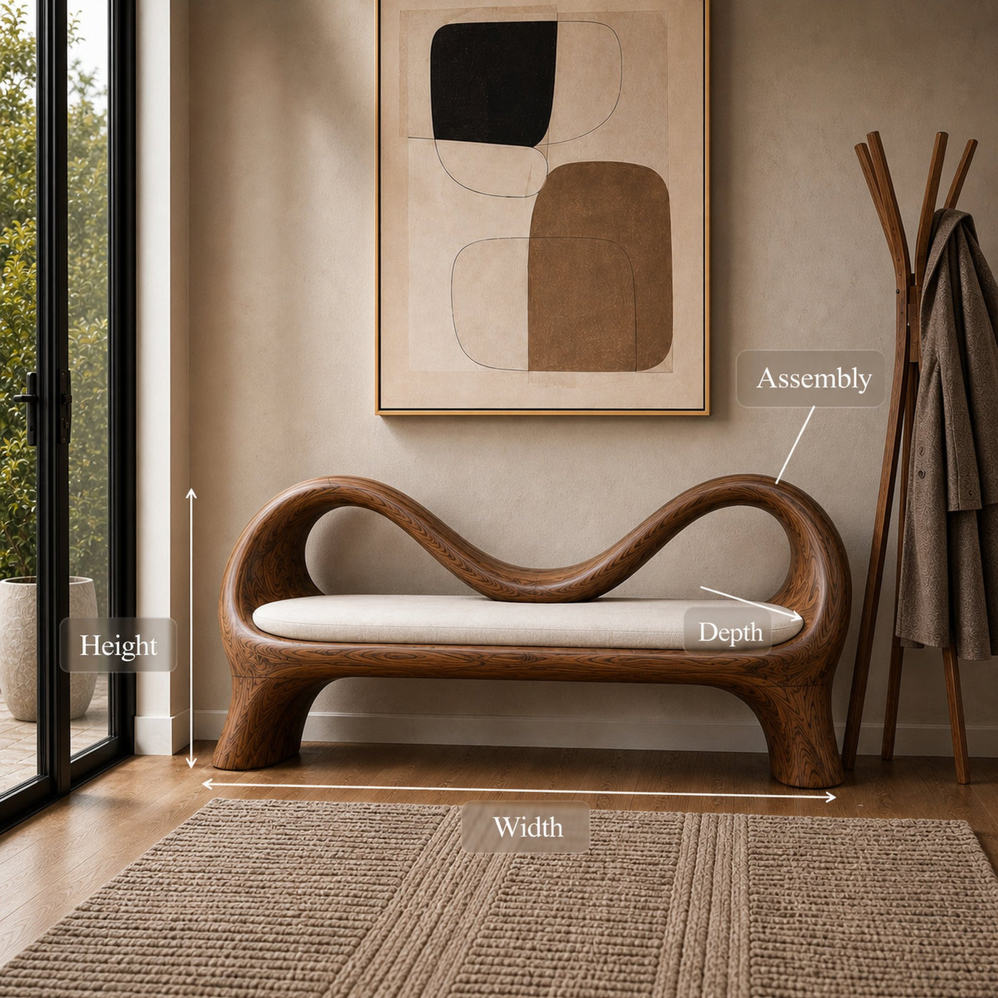 Handcrafted Bench With Undulating Backrest For Organic Entryway - product view 8