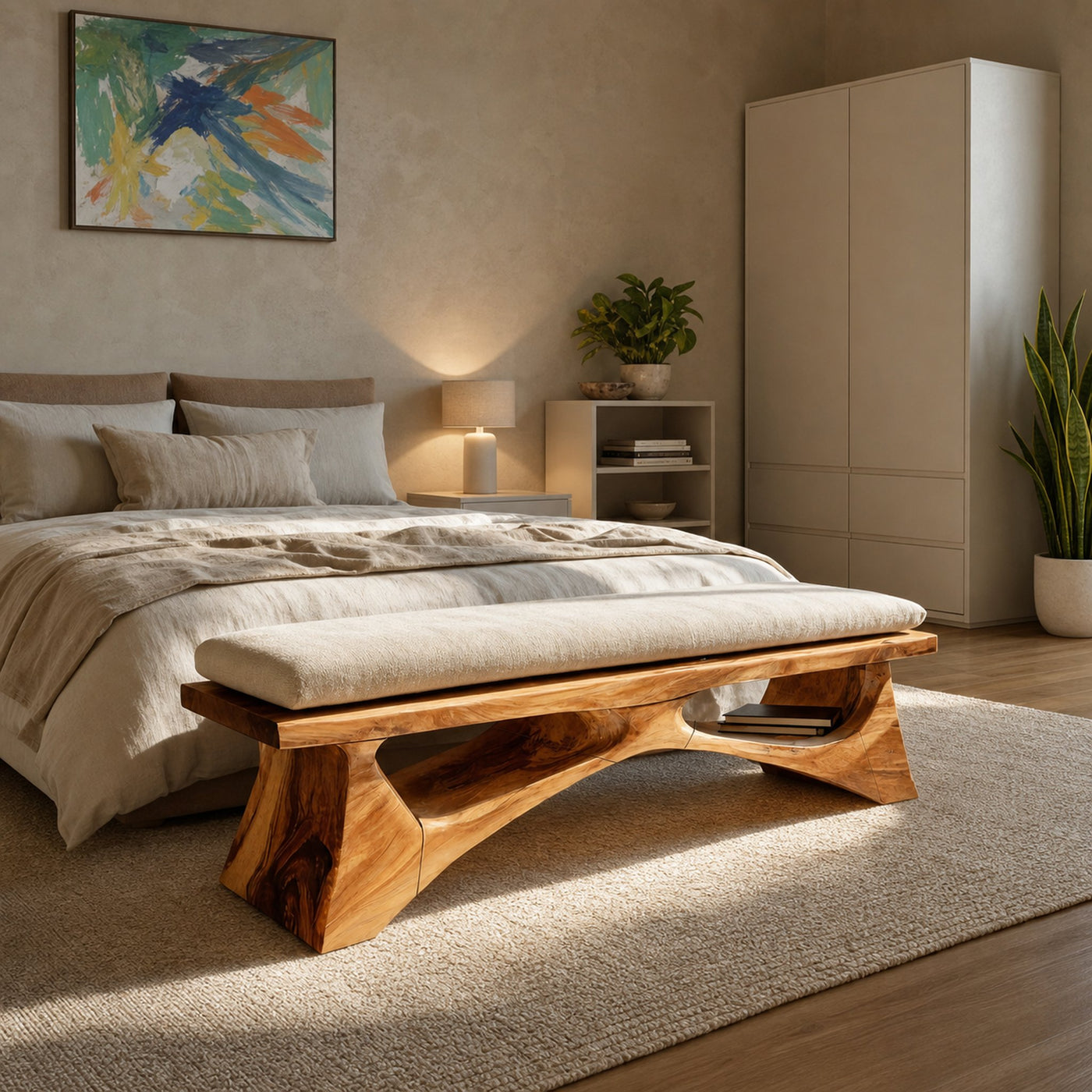 Handcrafted Solid Wood Bench For End-of-Bed Styling - product view 2
