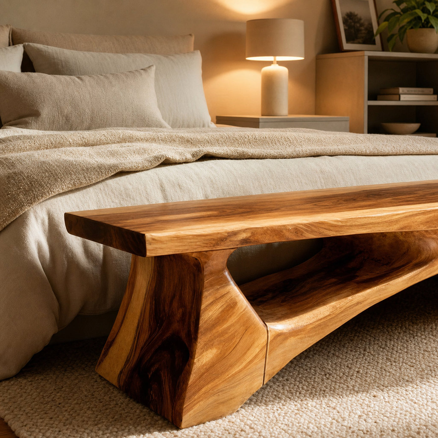 Handcrafted Solid Wood Bench For End-of-Bed Styling - product view 3