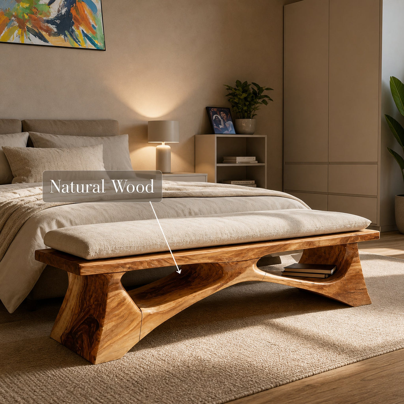 Handcrafted Solid Wood Bench For End-of-Bed Styling - product view 5