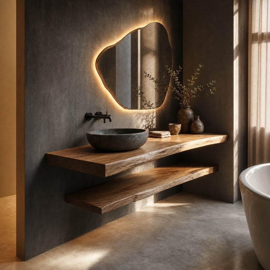 Japandi Style Bathroom Vanity Live Edge Floating Counter Shelf