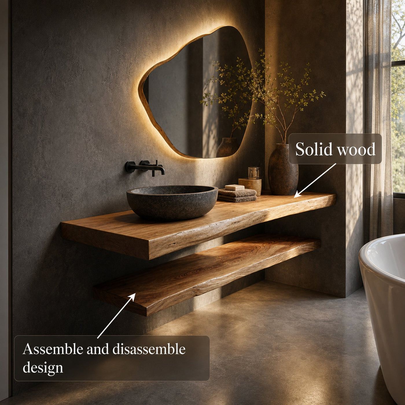 Japandi Style Bathroom Vanity Live Edge Floating Counter Shelf - product view 4