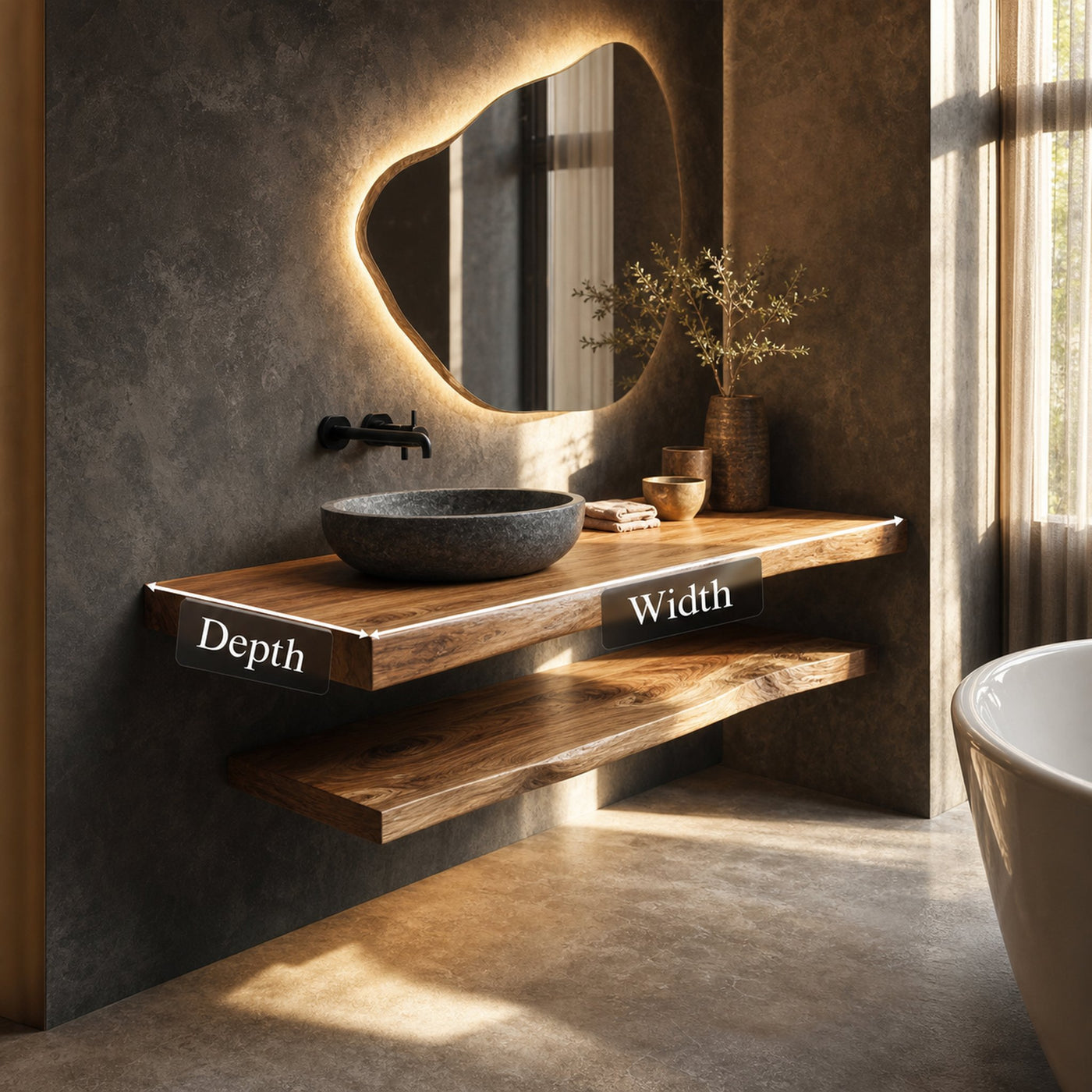 Japandi Style Bathroom Vanity Live Edge Floating Counter Shelf - product view 5