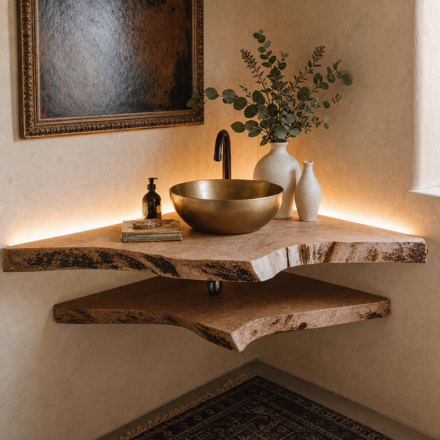 Live Edge Wood Corner Bathroom Vanity Shelf
