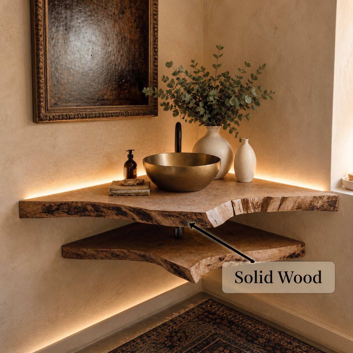 Live Edge Wood Corner Bathroom Vanity Shelf - product view 6