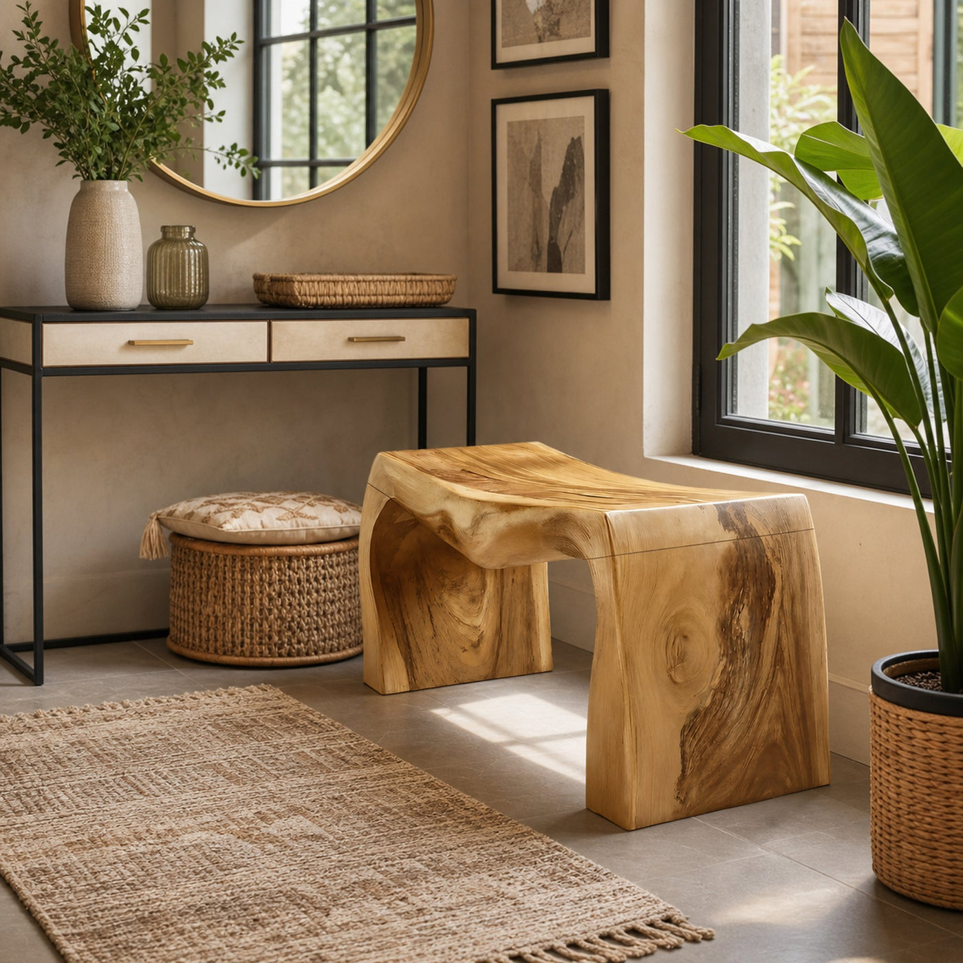 Live Edge Wooden Bench For Entryway Seating And Display - product view 5