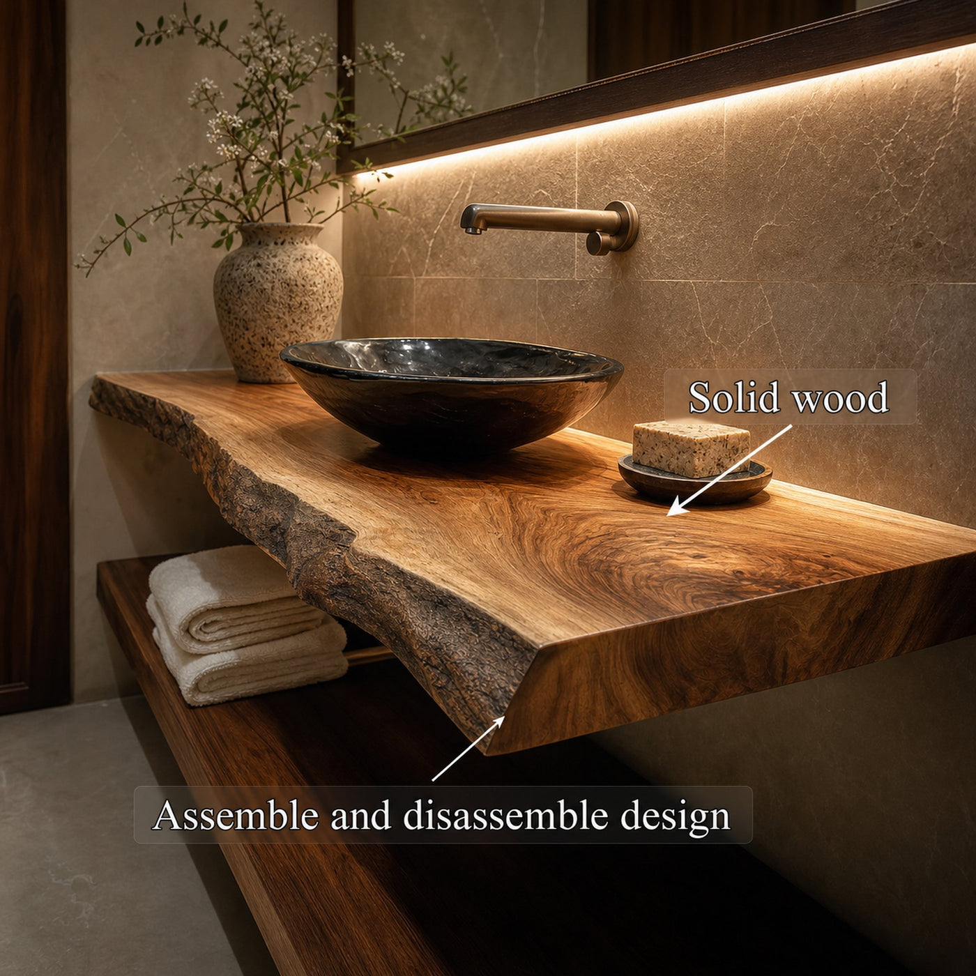 Mid Century Bathroom Vanity Shelf Curved Edge Wood Bathroom Look - product view 2