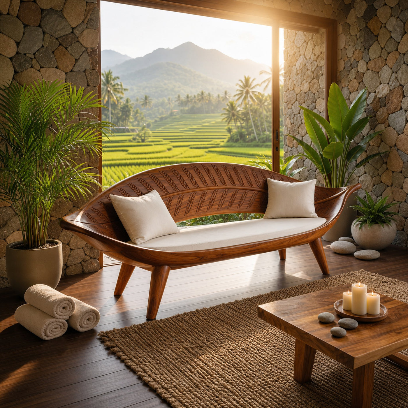 Mid Century Curved Cane Back Bench For Lounge Interior Area - product view 6