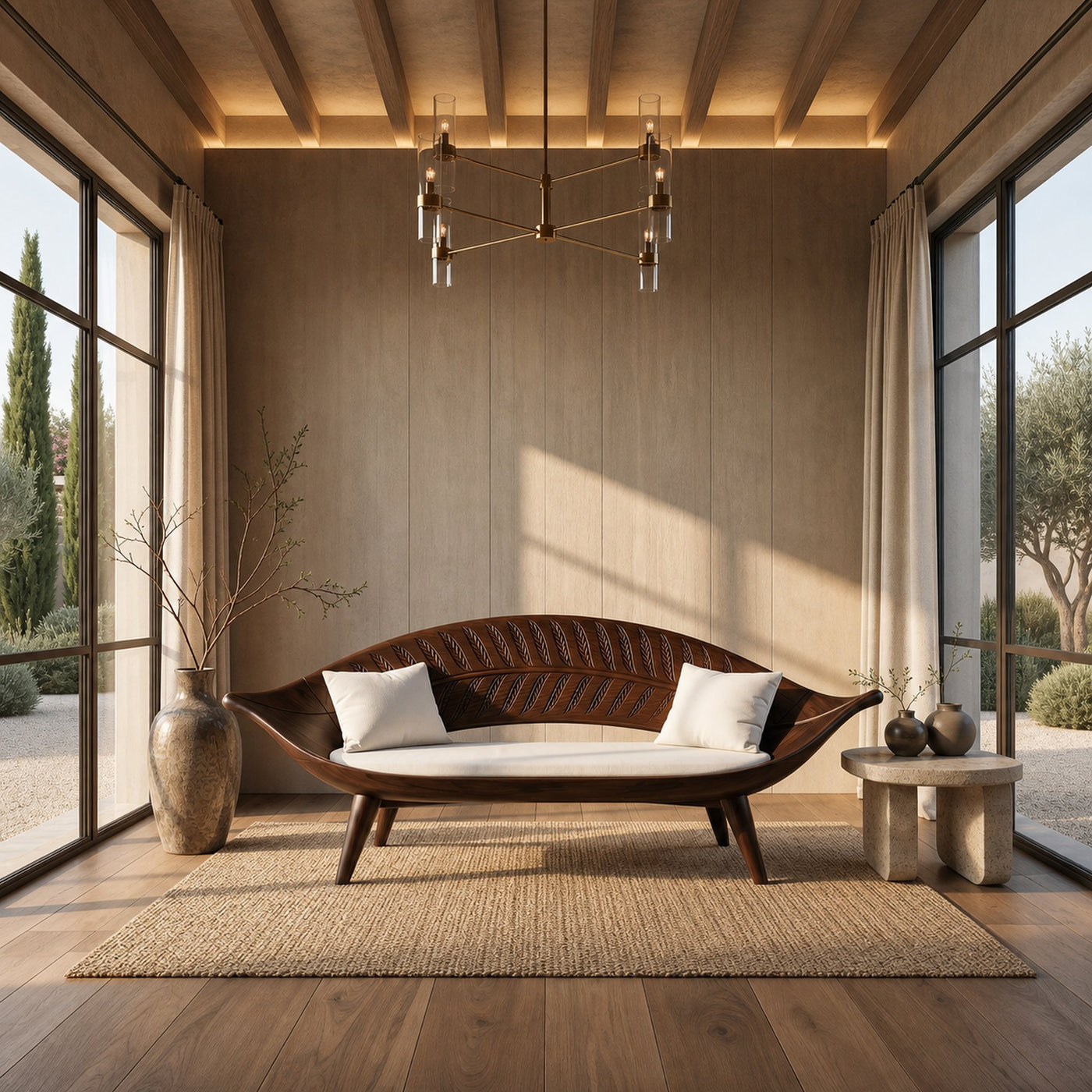 Mid Century Curved Cane Back Bench For Lounge Interior Area - product view 7