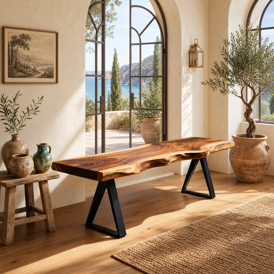 Mid Century Live Edge Slab Bench For Dining Interior Space