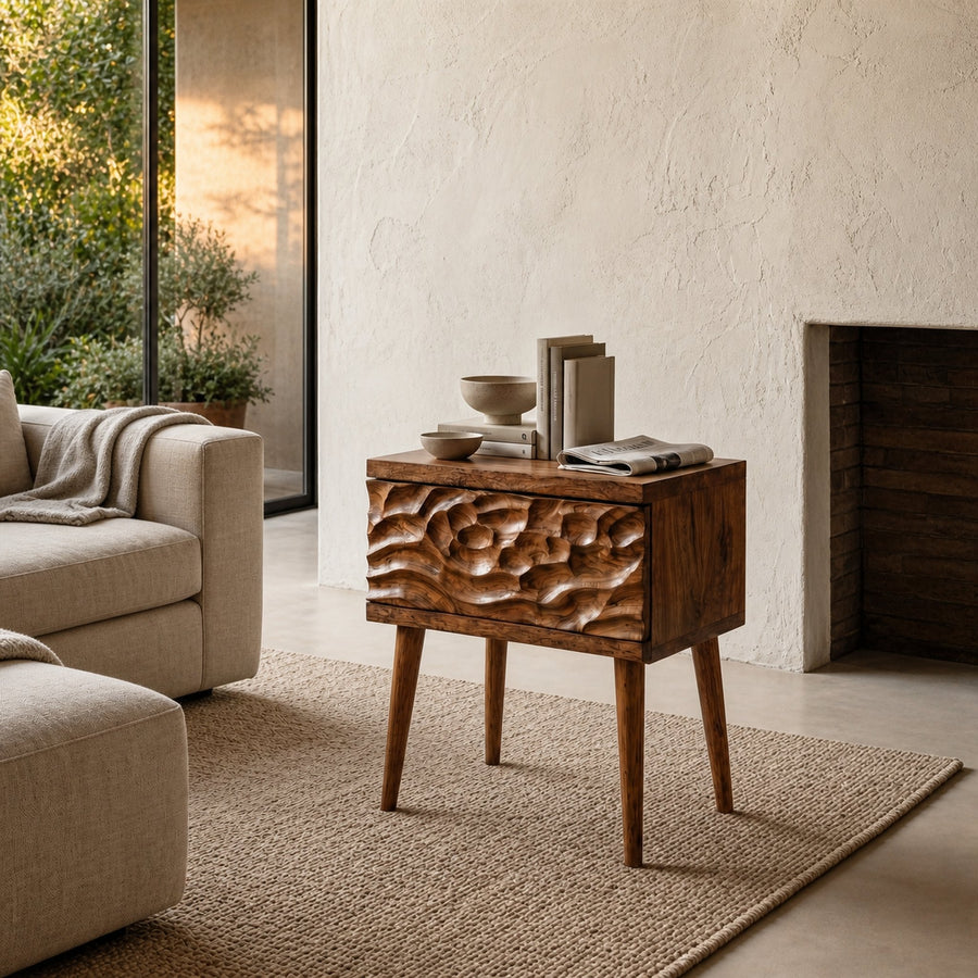 Mid Century Modern Side Table With Carved Wood Drawer And Open Shelf For Living Room And Bedroom