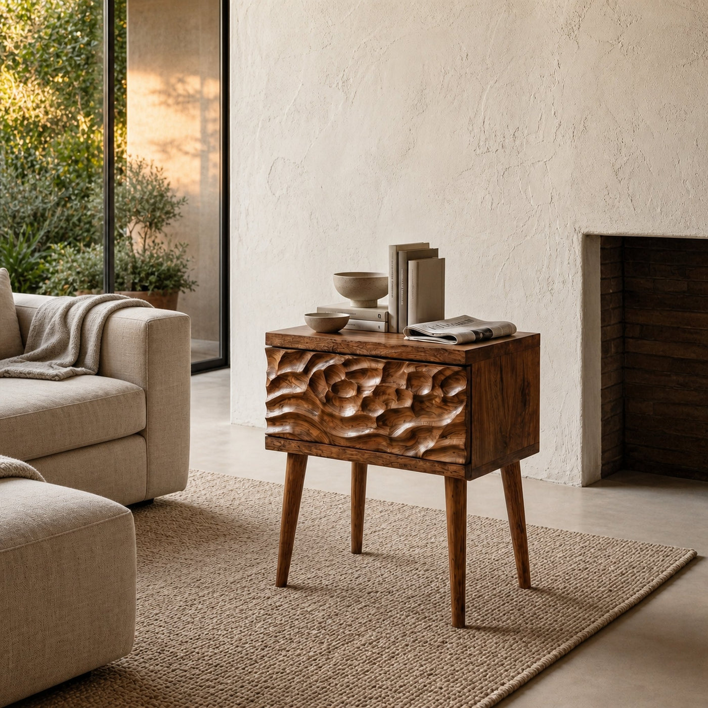 Mid Century Modern Side Table With Carved Wood Drawer And Open Shelf For Living Room And Bedroom