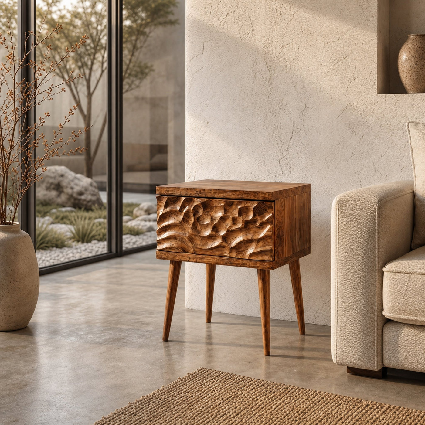 Mid Century Modern Side Table With Carved Wood Drawer And Open Shelf For Living Room And Bedroom - product view 6