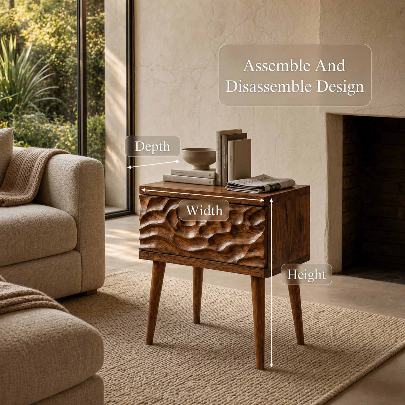 Mid Century Modern Side Table With Carved Wood Drawer And Open Shelf For Living Room And Bedroom - product view 8