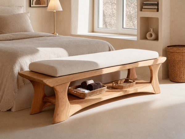 Mid Century Solid Wood Bench For Bedroom Accent