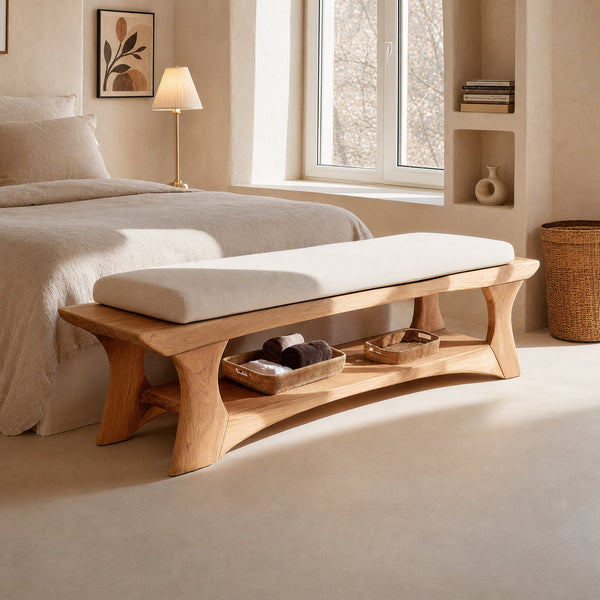 Mid Century Solid Wood Bench For Bedroom Accent