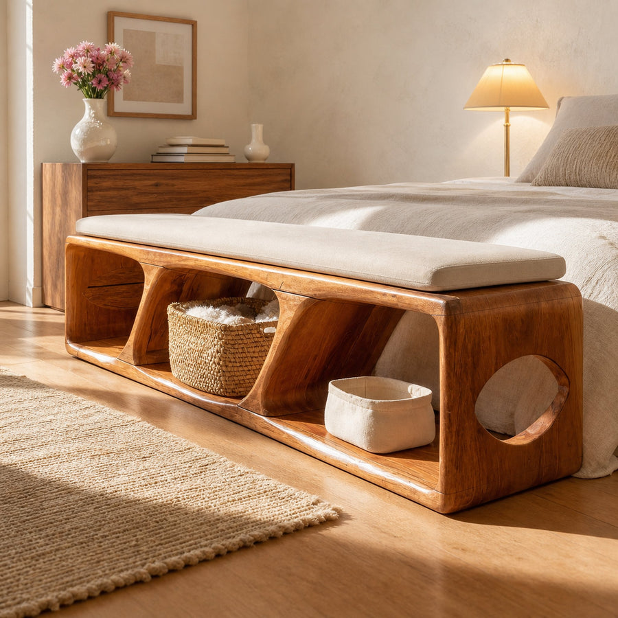 Mid Century Wood Bench For Warm Interior Spaces