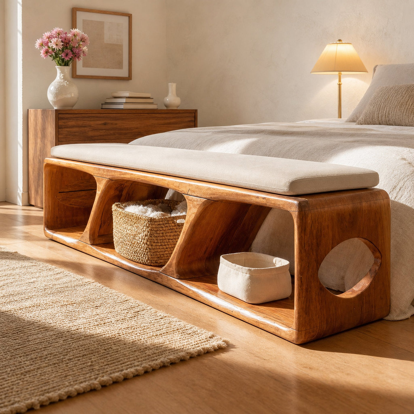 Mid Century Wood Bench For Warm Interior Spaces
