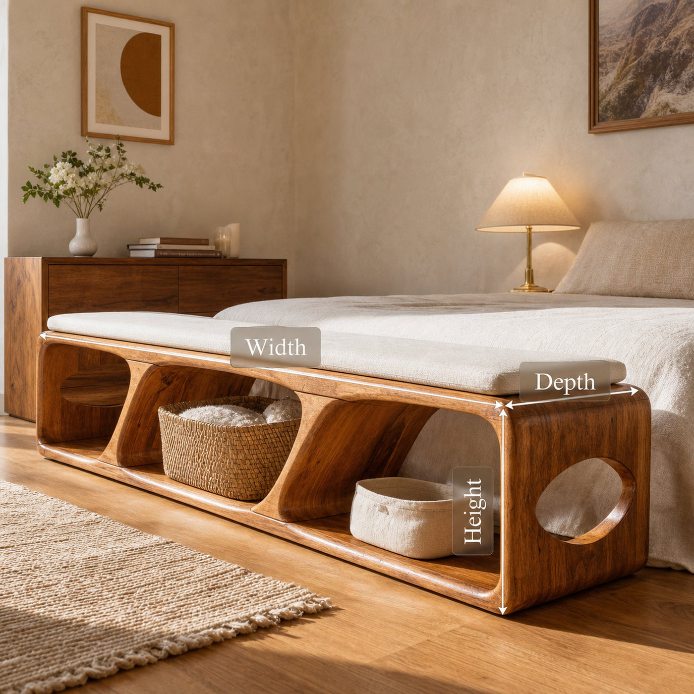 Mid Century Wood Bench For Warm Interior Spaces - product view 7