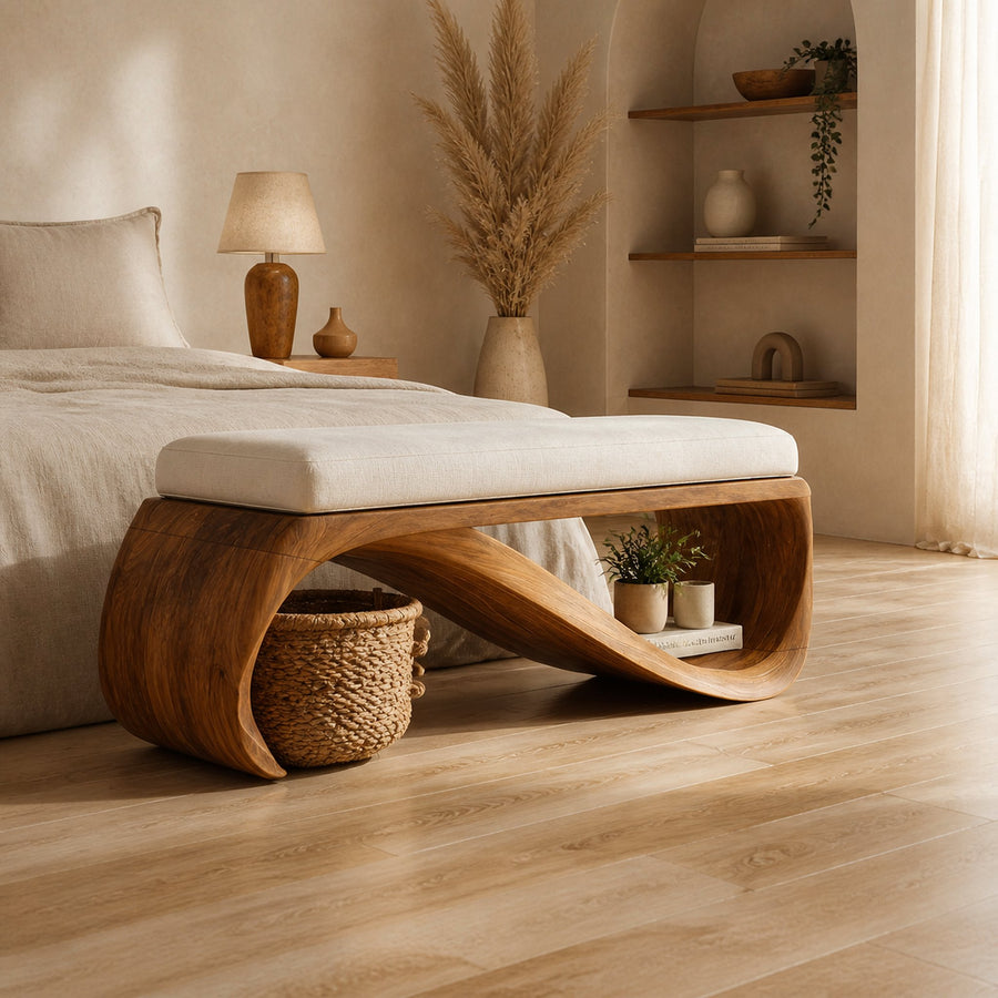 Mid Century Wooden Bench For End-of-Bed Placement