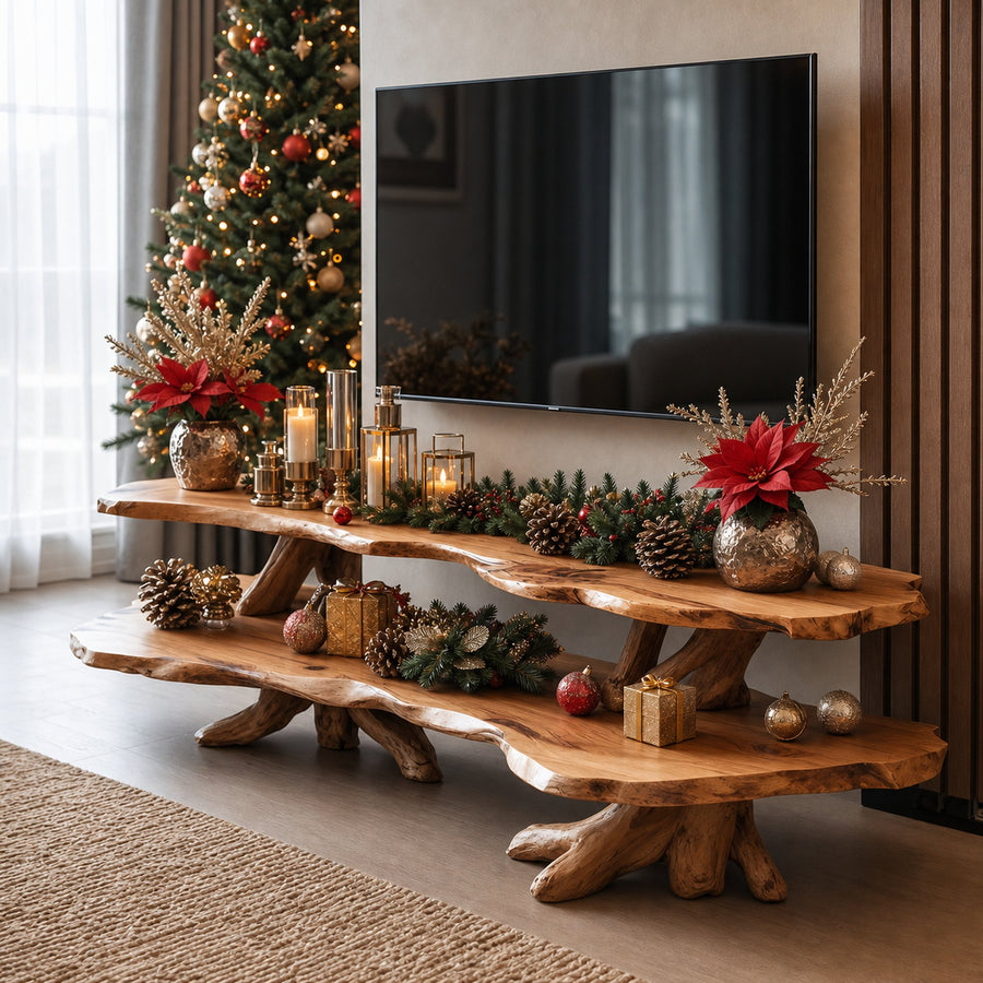 Mid Century Wooden Live Edge TV Console For Holiday Bedroom Christmas