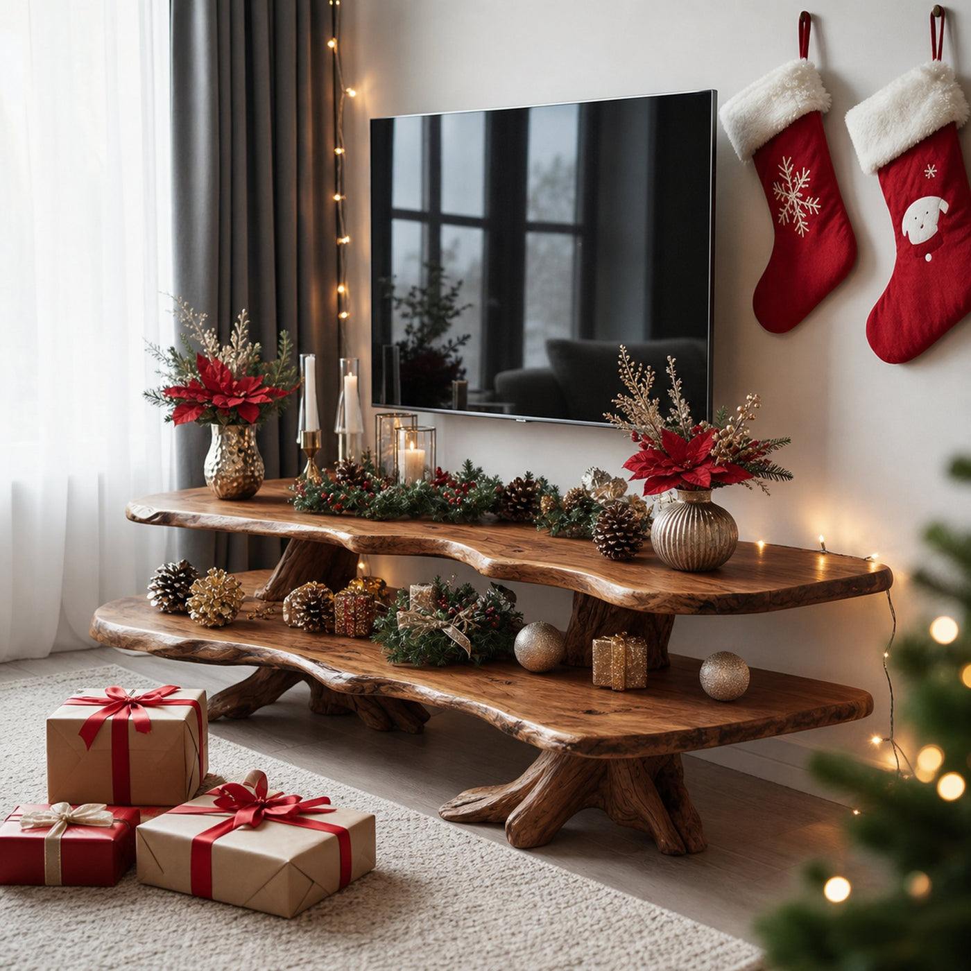 Mid Century Wooden Live Edge TV Console For Holiday Bedroom Christmas - product view 6