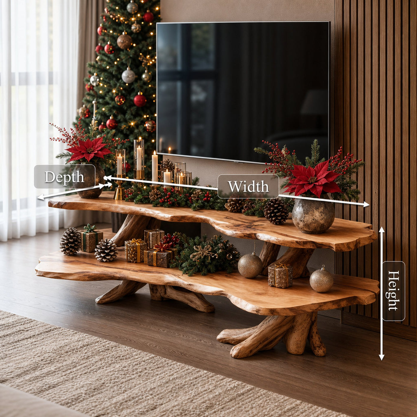 Mid Century Wooden Live Edge TV Console For Holiday Bedroom Christmas - product view 8