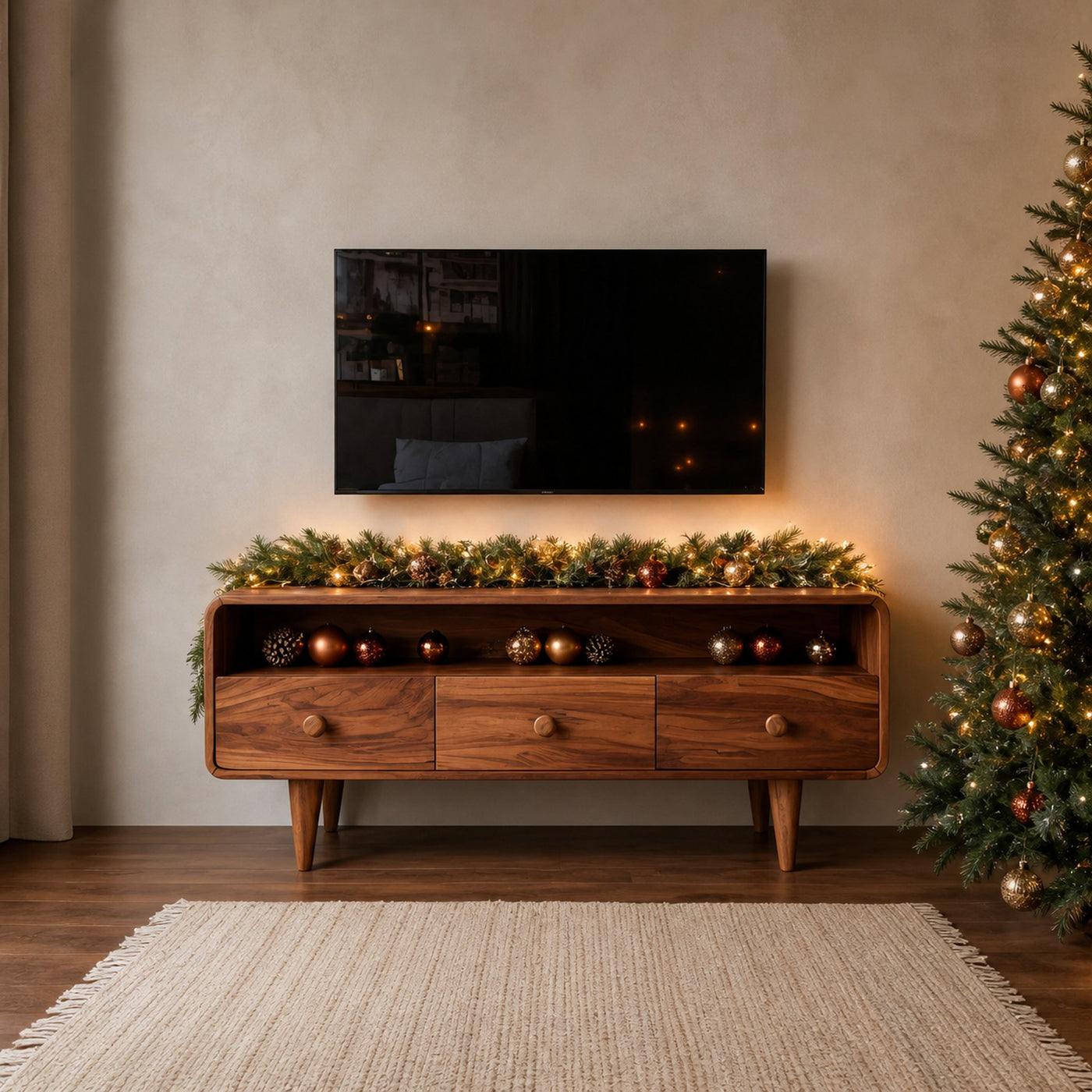 Mid-Century Rounded TV Console For Holiday Decor