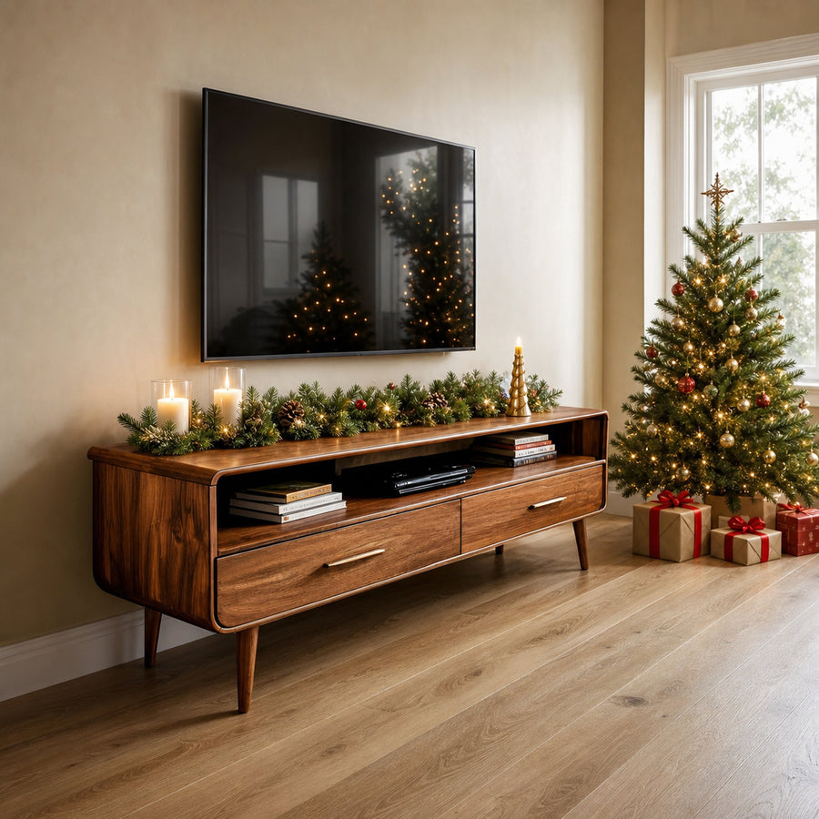 Mid-Century TV Console With Rounded Edge For Holiday