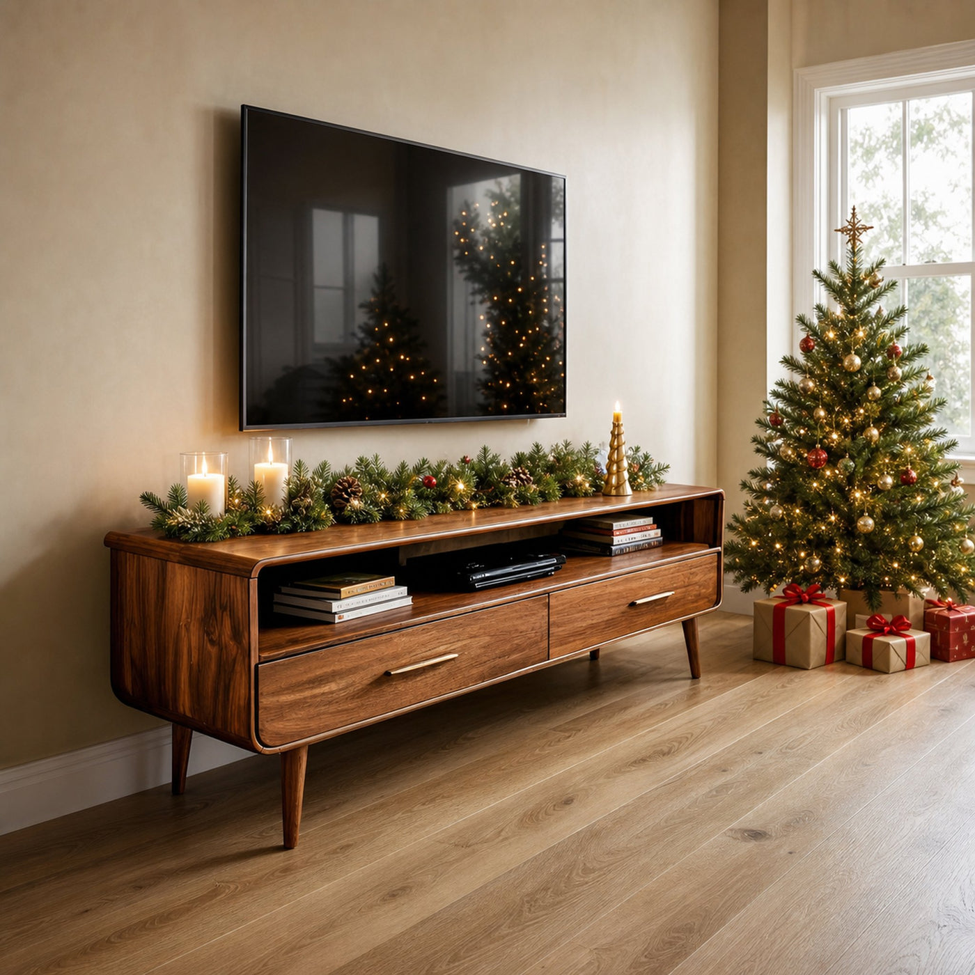 Mid-Century TV Console With Rounded Edge For Holiday
