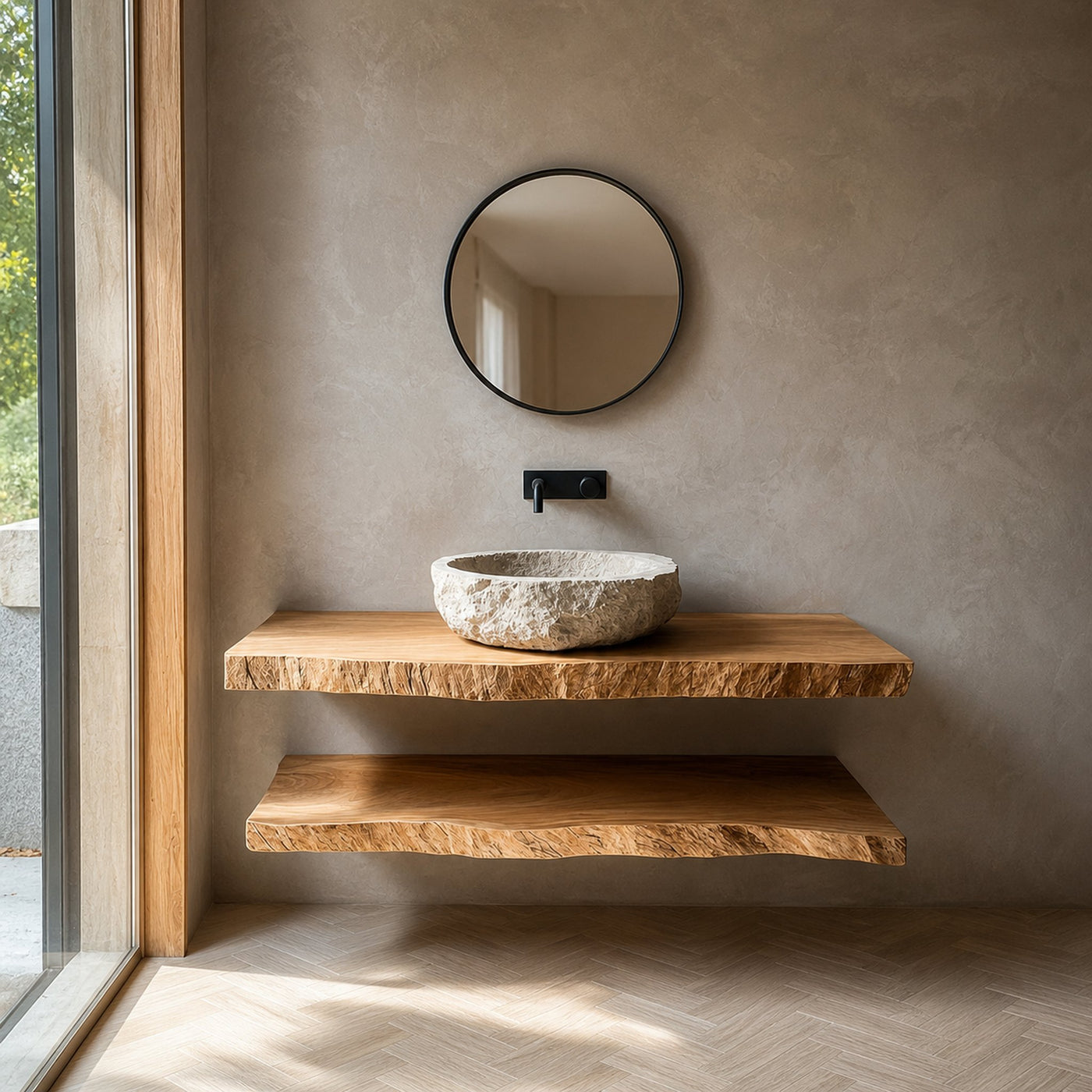 Midcentury Floating Shelf Vanity Powder Room