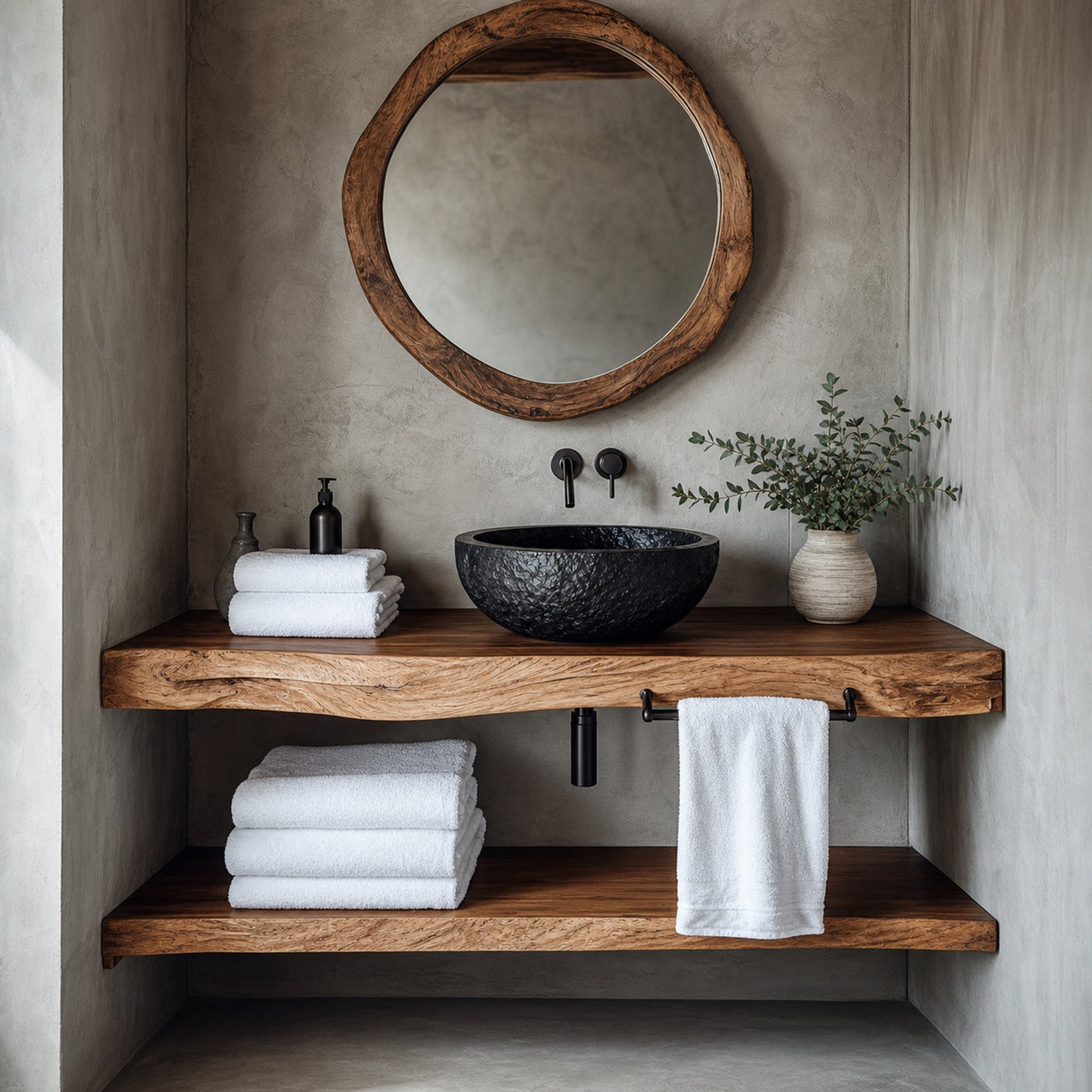 Midcentury Floating Shelf Farmhouse Bathroom