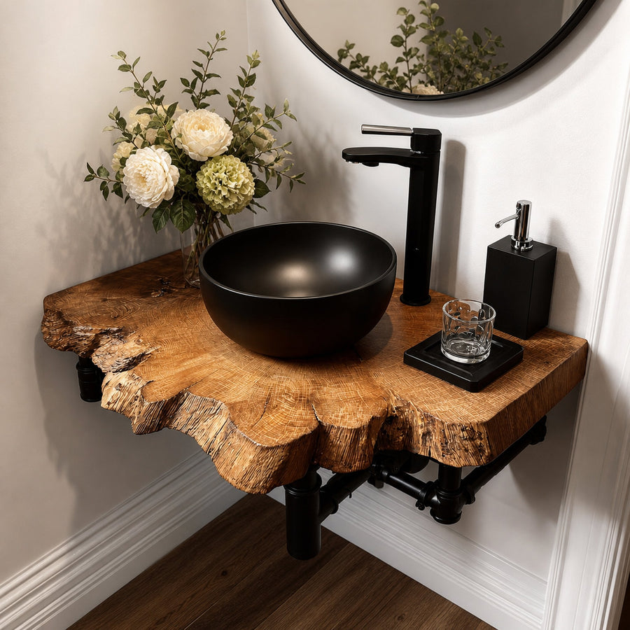 Midcentury Floating Shelf Narrow Powder Room