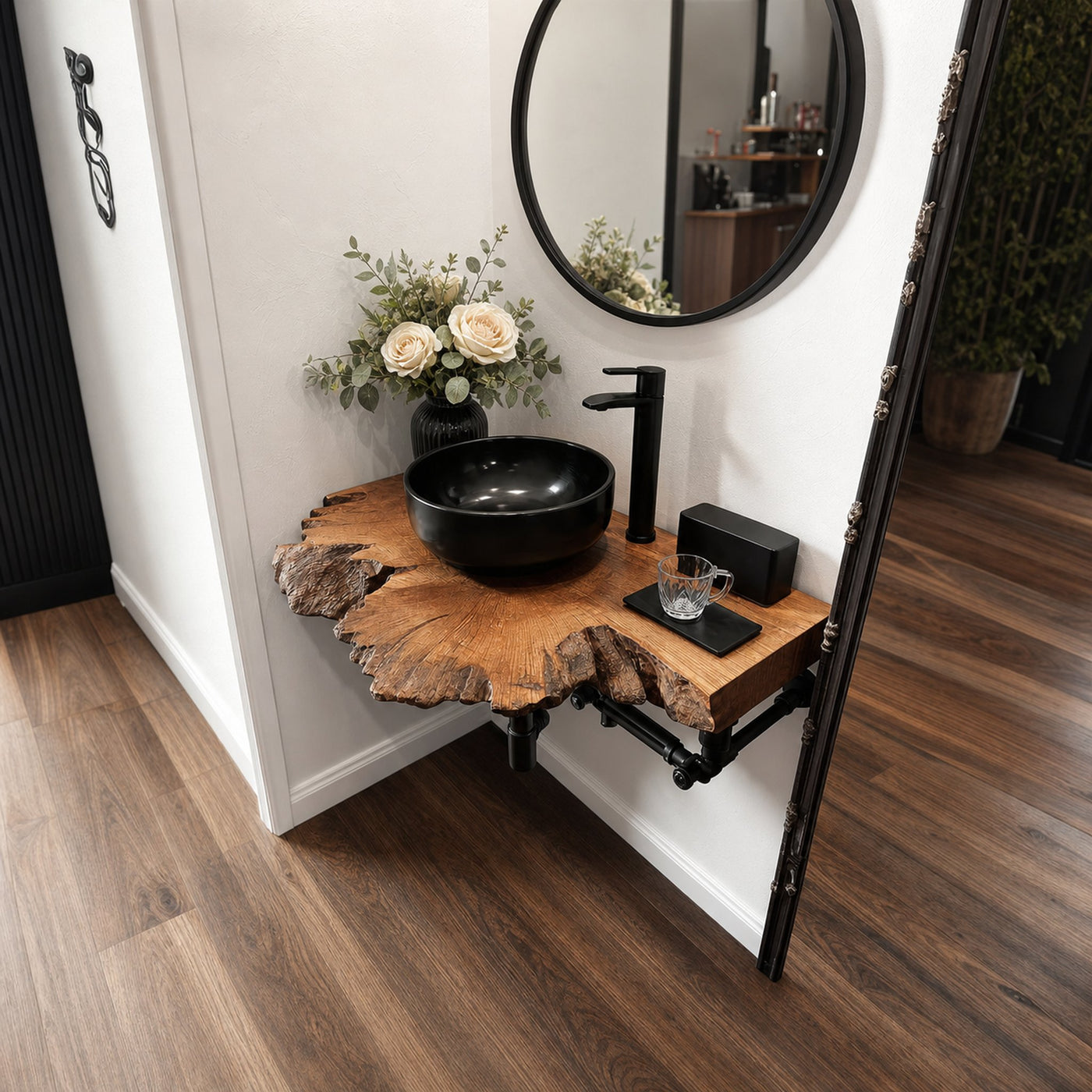 Midcentury Floating Shelf Narrow Vanity Powder Room - product view 2